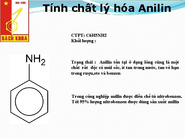 Tính chất lý hóa Anilin CTPT: C 6 H 5 NH 2 Khối lượng