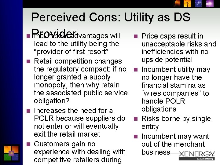 Perceived Cons: Utility as DS n Provider Incumbent advantages will n Price caps result