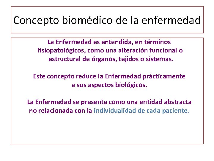 Concepto biomédico de la enfermedad La Enfermedad es entendida, en términos fisiopatológicos, como una