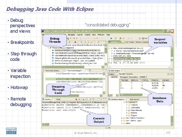 Debugging Java Code With Eclipse • Debug perspectives and views “consolidated debugging” • Breakpoints