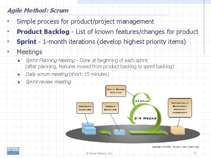 Agile Method: Scrum • • Simple process for product/project management Product Backlog - List