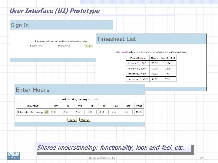 User Interface (UI) Prototype Shared understanding: functionality, look-and-feel, etc. © Visual Patterns, Inc. 29