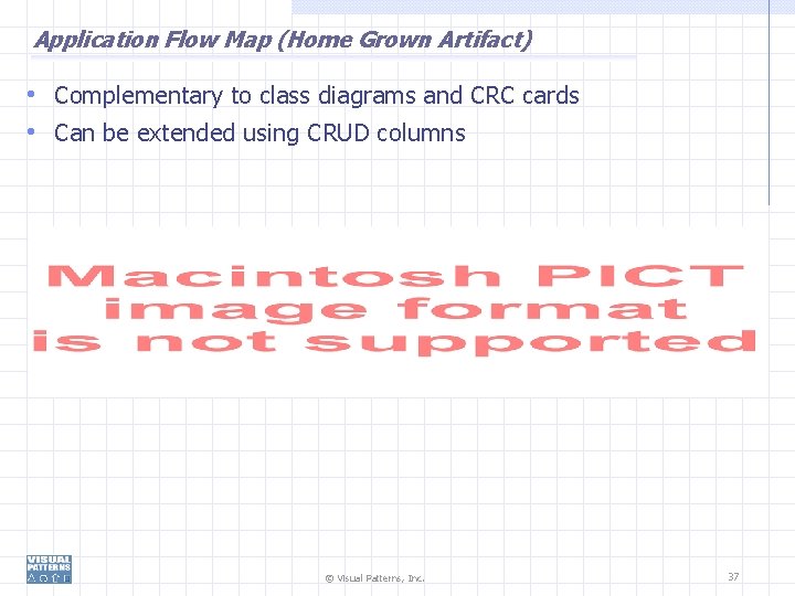 Application Flow Map (Home Grown Artifact) • Complementary to class diagrams and CRC cards