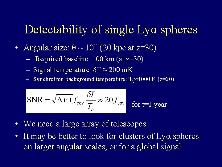 Detectability of single Lyα spheres • Angular size: θ ~ 10” (20 kpc at