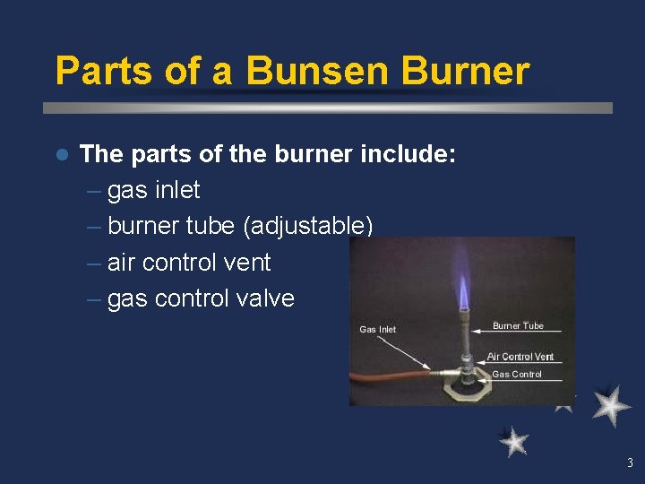 Parts of a Bunsen Burner l The parts of the burner include: – gas