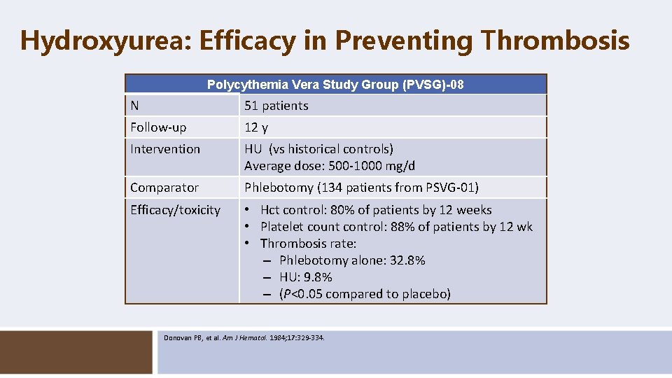 Hydroxyurea: Efficacy in Preventing Thrombosis Polycythemia Vera Study Group (PVSG)-08 N 51 patients Follow-up
