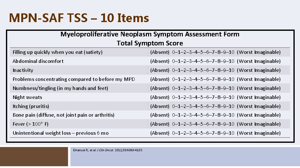 MPN-SAF TSS – 10 Items Myeloproliferative Neoplasm Symptom Assessment Form Total Symptom Score Filling