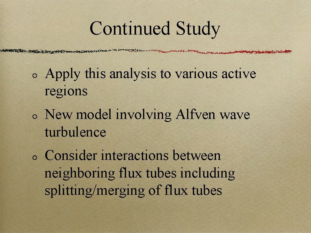Continued Study Apply this analysis to various active regions New model involving Alfven wave
