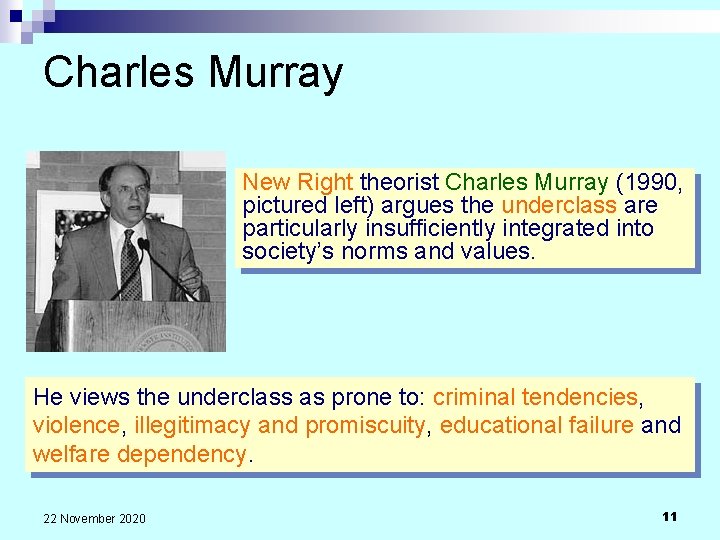 Charles Murray New Right theorist Charles Murray (1990, pictured left) argues the underclass are
