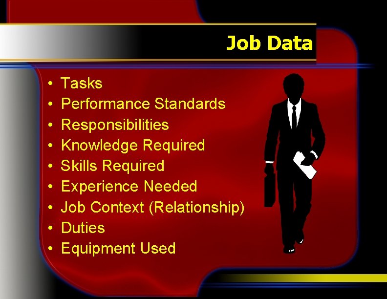 Job Data • • • Tasks Performance Standards Responsibilities Knowledge Required Skills Required Experience