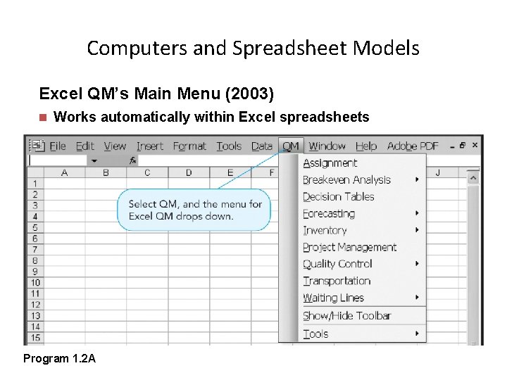 Computers and Spreadsheet Models Excel QM’s Main Menu (2003) n Works automatically within Excel