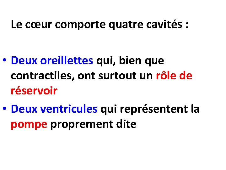  Le cœur comporte quatre cavités : • Deux oreillettes qui, bien que contractiles,