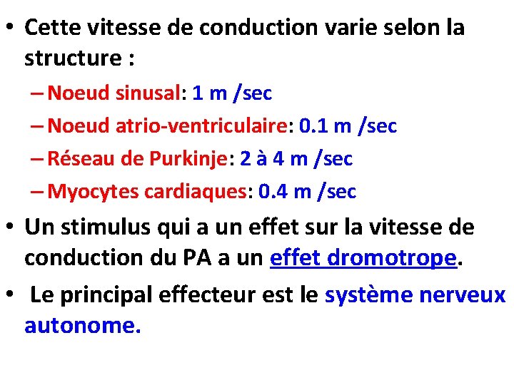  • Cette vitesse de conduction varie selon la structure : – Noeud sinusal: