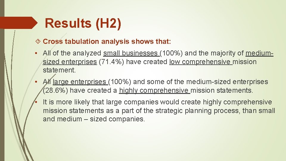 Results (H 2) Cross tabulation analysis shows that: • All of the analyzed small