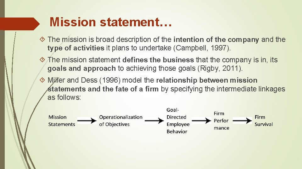 Mission statement… The mission is broad description of the intention of the company and