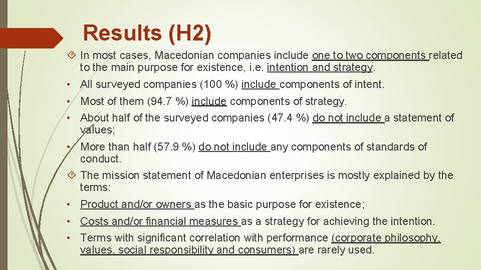 Results (H 2) In most cases, Macedonian companies include one to two components related