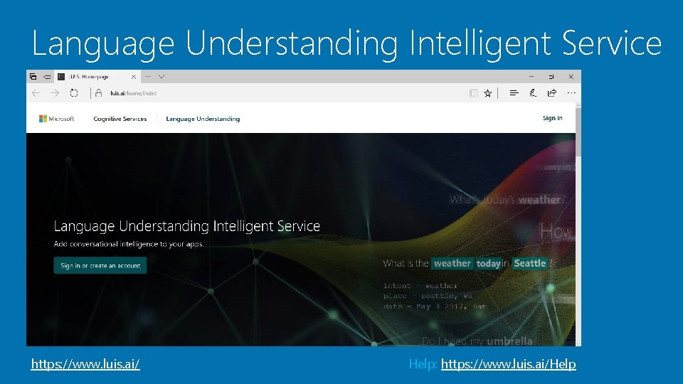 Language Understanding Intelligent Service https: //www. luis. ai/ Help: https: //www. luis. ai/Help 
