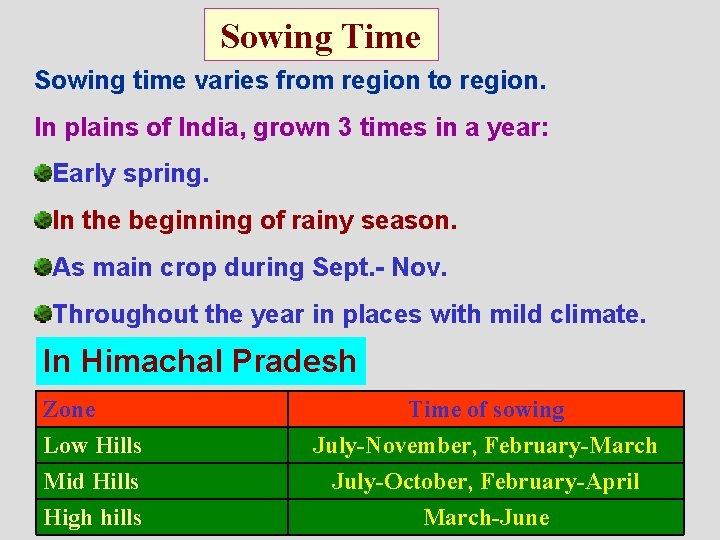 Sowing Time Sowing time varies from region to region. In plains of India, grown
