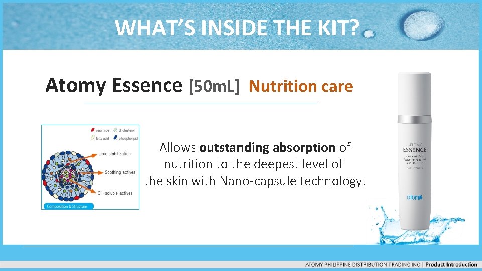 WHAT’S INSIDE THE KIT? Atomy Essence [50 m. L] Nutrition care Allows outstanding absorption