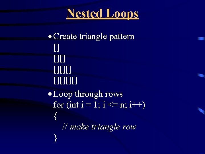 Nested Loops · Create triangle pattern [] [][][] · Loop through rows for (int