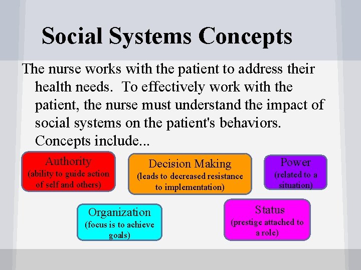 Social Systems Concepts The nurse works with the patient to address their health needs.