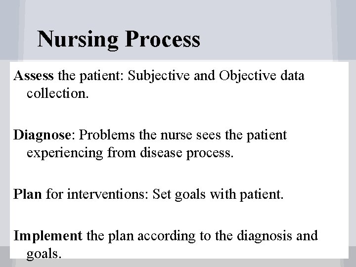 Nursing Process Assess the patient: Subjective and Objective data collection. Diagnose: Problems the nurse
