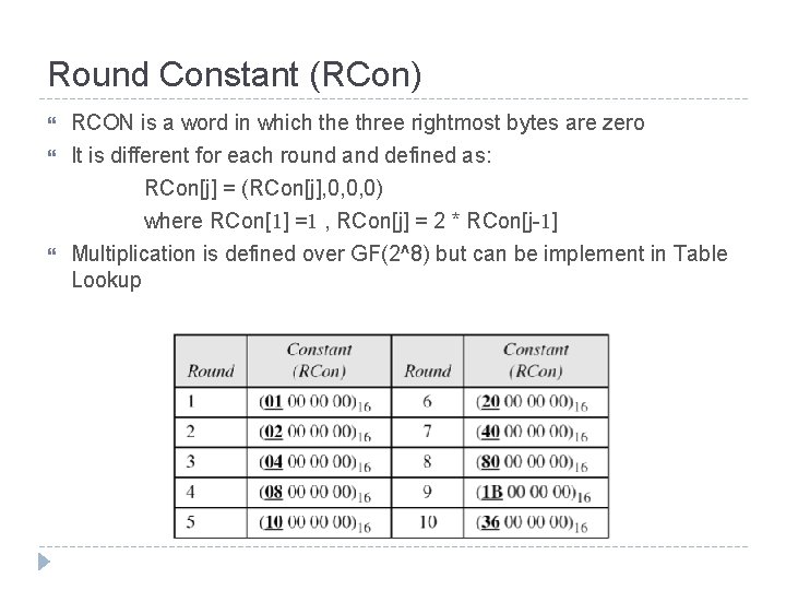 Round Constant (RCon) RCON is a word in which the three rightmost bytes are