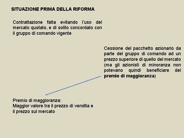SITUAZIONE PRIMA DELLA RIFORMA Contrattazione fatta evitando l’uso del mercato quotato, e di solito