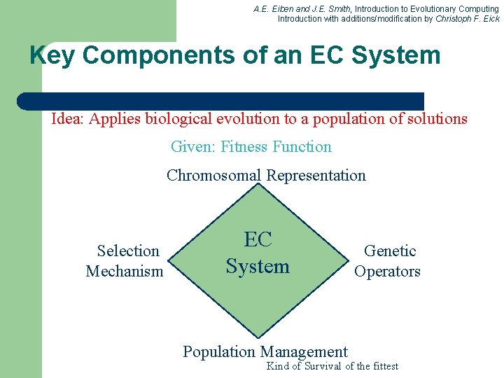 A. E. Eiben and J. E. Smith, Introduction to Evolutionary Computing Introduction with additions/modification