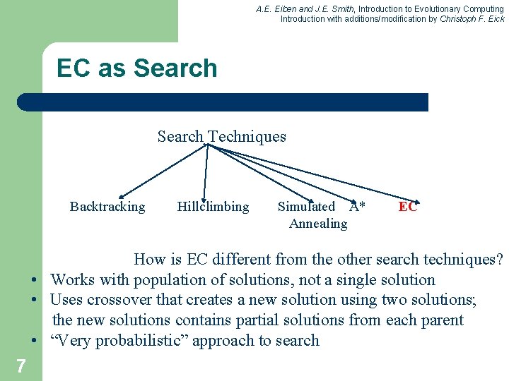 A. E. Eiben and J. E. Smith, Introduction to Evolutionary Computing Introduction with additions/modification