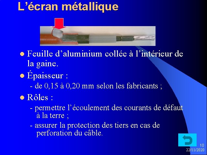 L’écran métallique Feuille d’aluminium collée à l’intérieur de la gaine. l Épaisseur : l