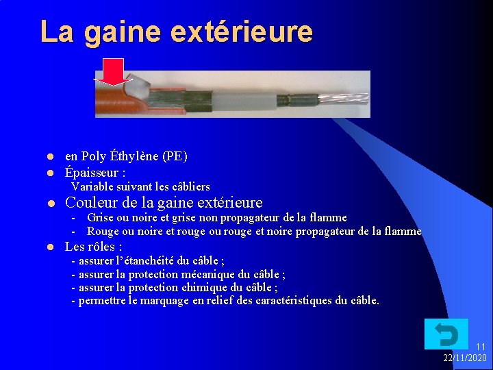 La gaine extérieure l l en Poly Éthylène (PE) Épaisseur : Variable suivant les