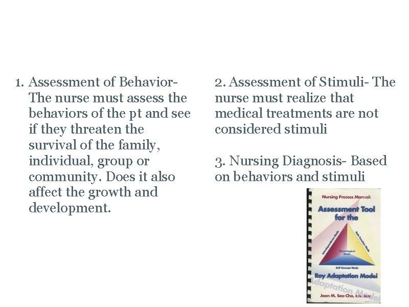 The 6 Steps of the Roy Adaptation Nursing Process 1. Assessment of Behavior. The