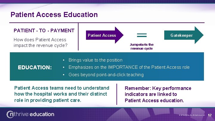 Patient Access Education PATIENT - TO - PAYMENT How does Patient Access impact the