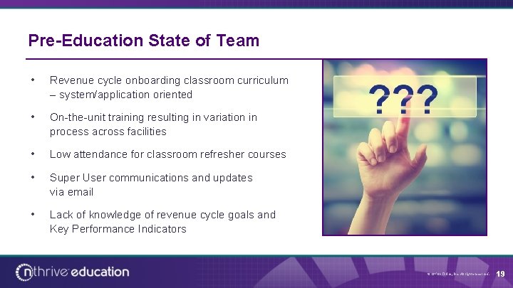 Pre-Education State of Team • Revenue cycle onboarding classroom curriculum – system/application oriented •