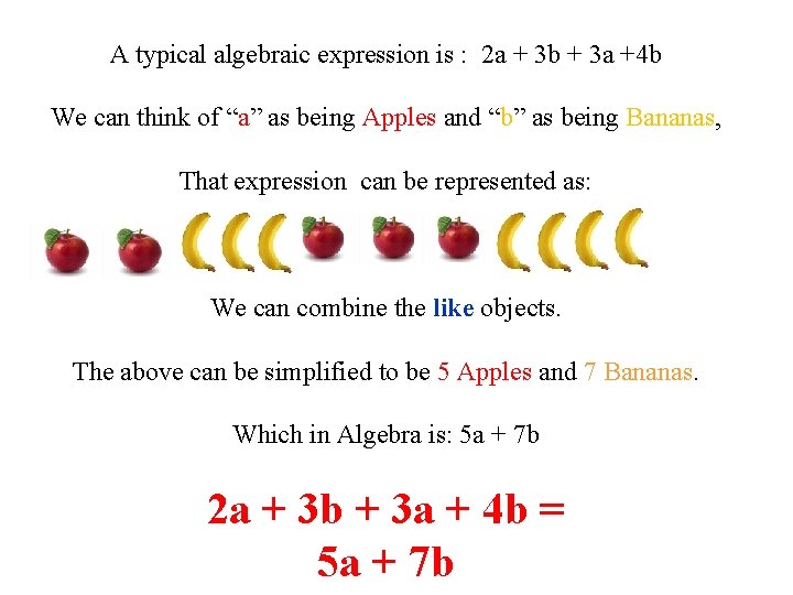A typical algebraic expression is : 2 a + 3 b + 3 a