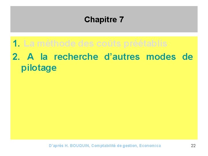 Chapitre 7 1. La méthode des coûts préétablis 2. A la recherche d’autres modes