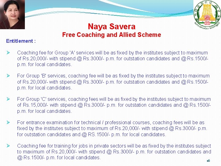 Naya Savera Free Coaching and Allied Scheme Entitlement : Ø Coaching fee for Group