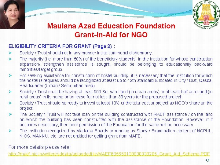 Maulana Azad Education Foundation Grant-In-Aid for NGO ELIGIBILITY CRITERIA FOR GRANT (Page 2) :