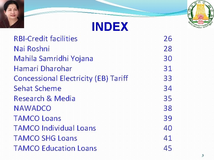 INDEX RBI-Credit facilities Nai Roshni Mahila Samridhi Yojana Hamari Dharohar Concessional Electricity (EB) Tariff