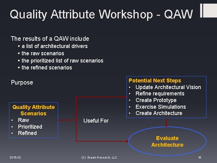 Quality Attribute Workshop - QAW The results of a QAW include § § a