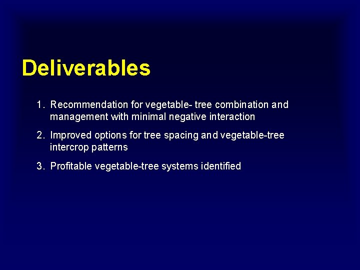 Deliverables 1. Recommendation for vegetable- tree combination and management with minimal negative interaction 2.