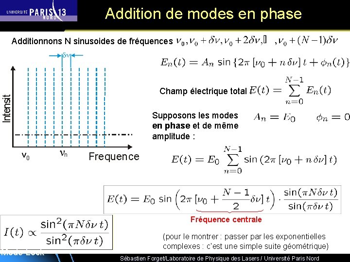 Addition de modes en phase Additionnons N sinusoides de fréquences Intensity Champ électrique total