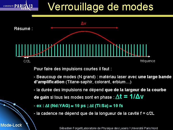 Verrouillage de modes Δν Résumé : fréquence C/2 L Pour faire des impulsions courtes