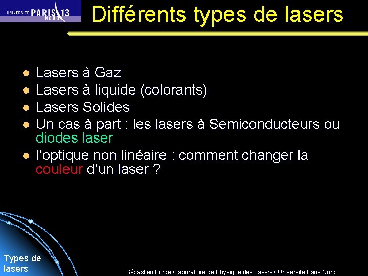  Différents types de lasers l l l Lasers à Gaz Lasers à liquide