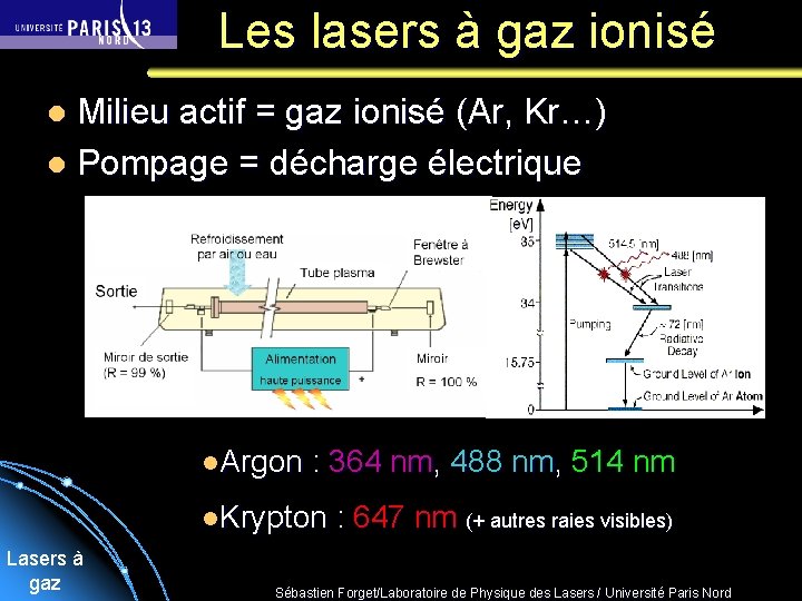 Les lasers à gaz ionisé Milieu actif = gaz ionisé (Ar, Kr…) l Pompage