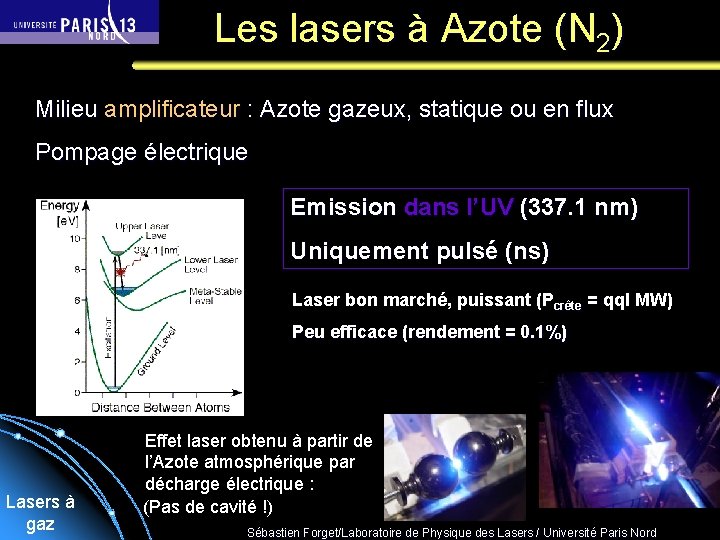 Les lasers à Azote (N 2) Milieu amplificateur : Azote gazeux, statique ou en