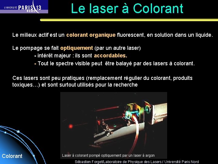 Le laser à Colorant Le milieux actif est un colorant organique fluorescent, en solution