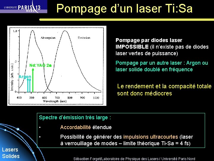 Pompage d’un laser Ti: Sa Pompage par diodes laser IMPOSSIBLE (il n’existe pas de