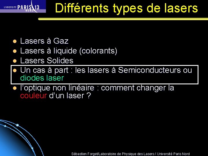  Différents types de lasers l l l Lasers à Gaz Lasers à liquide